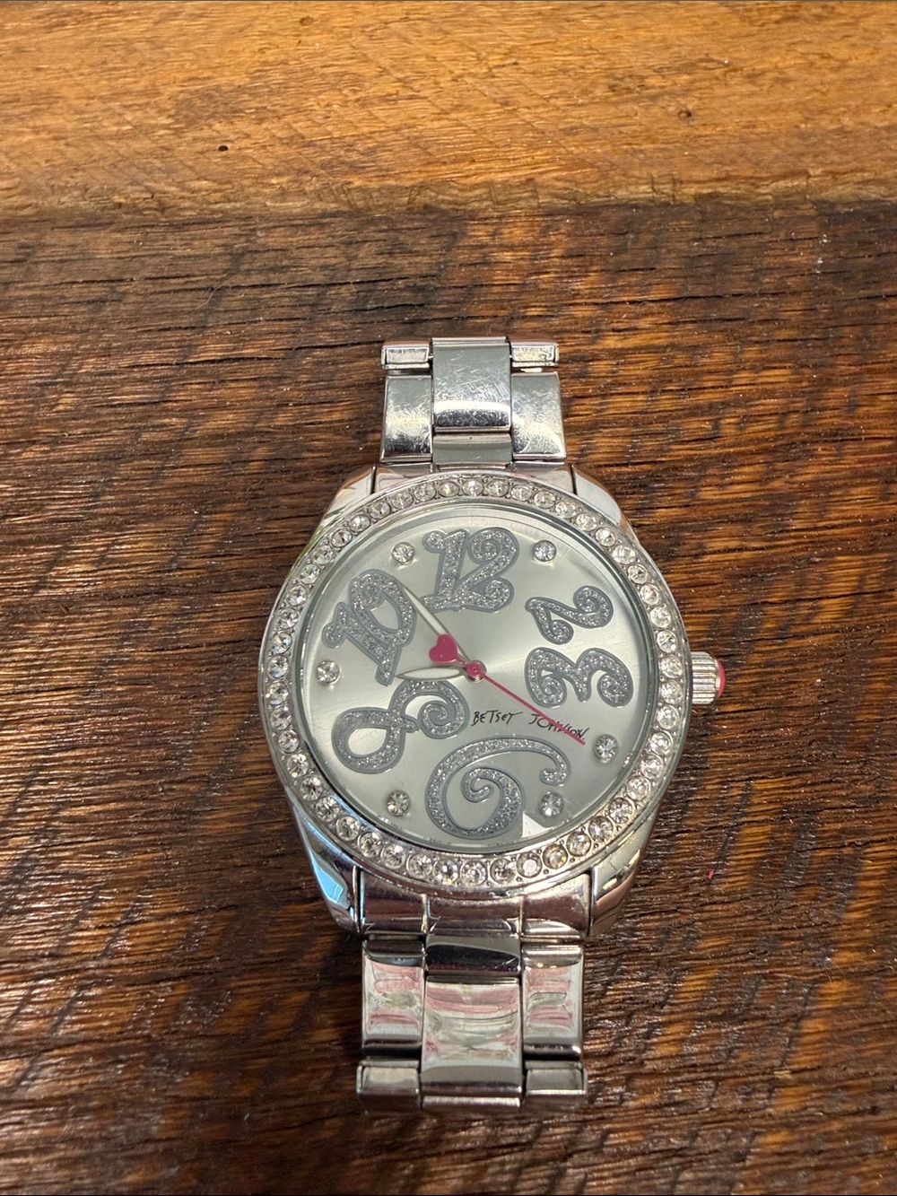 Betsey Johnson Silver Crystal-Accent Heart Dial Watch